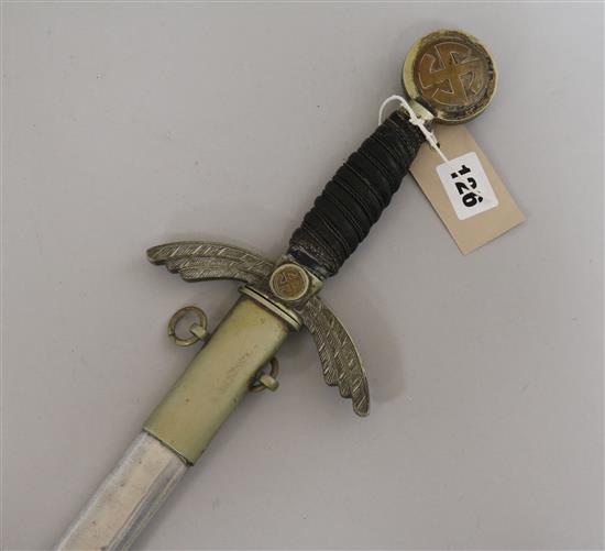 A German WWII Luftwaffe Officers dress sword, the 28.25in blade by Horster of Solingen, stamped 5, in brass and aluminium scabbard